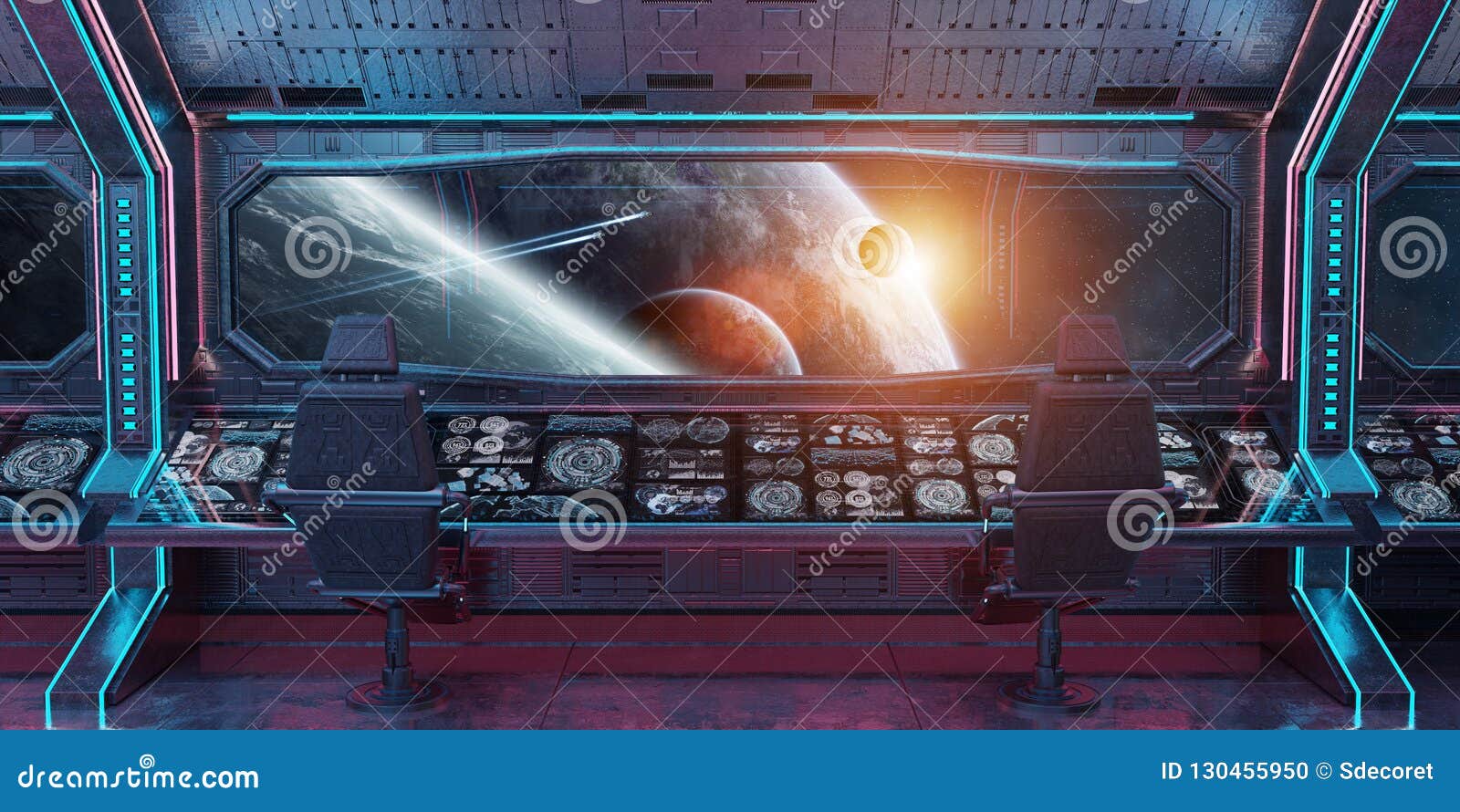 Grunge Spaceship Interior With View On Planet Earth 3d