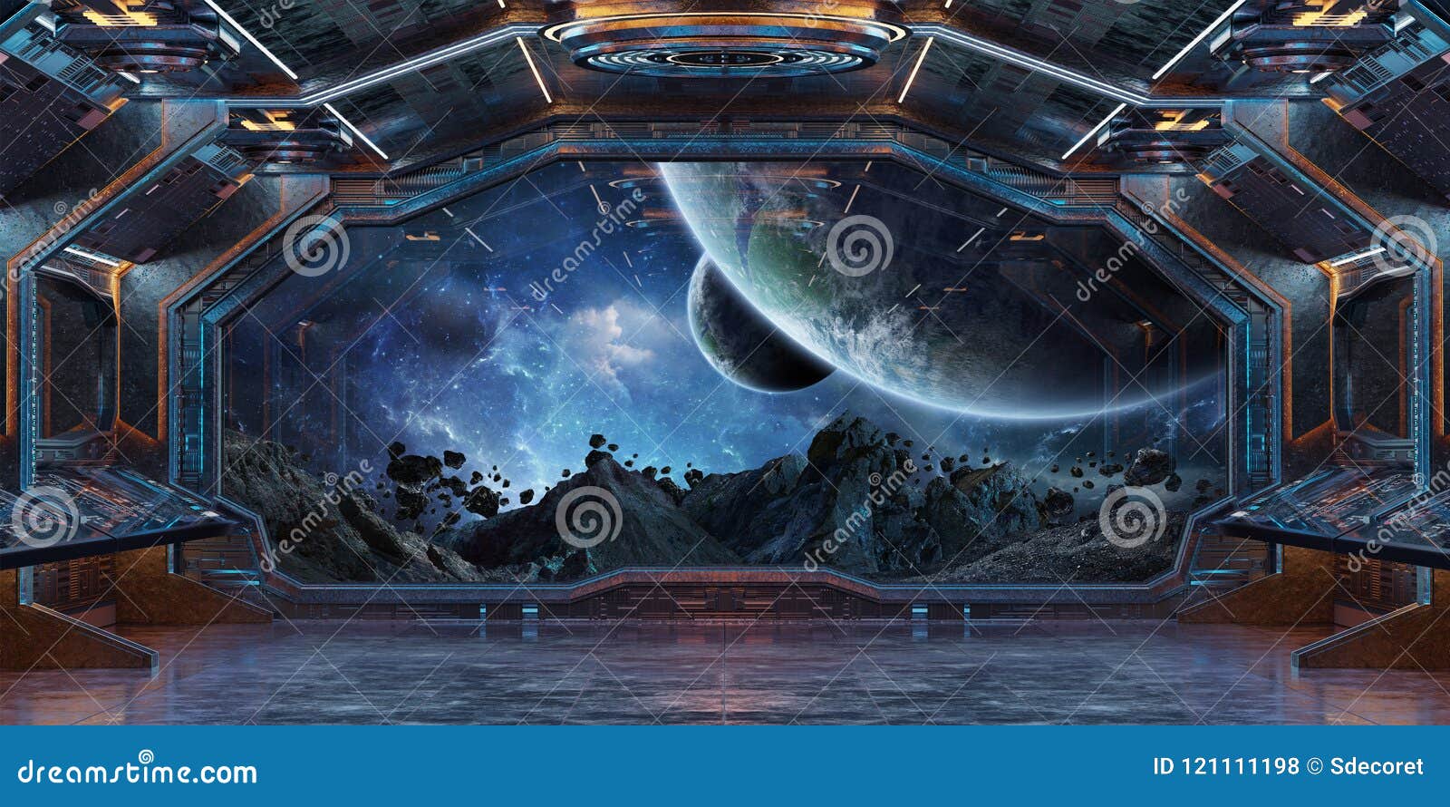 Grunge Spaceship Interior With View On Planet Earth 3d