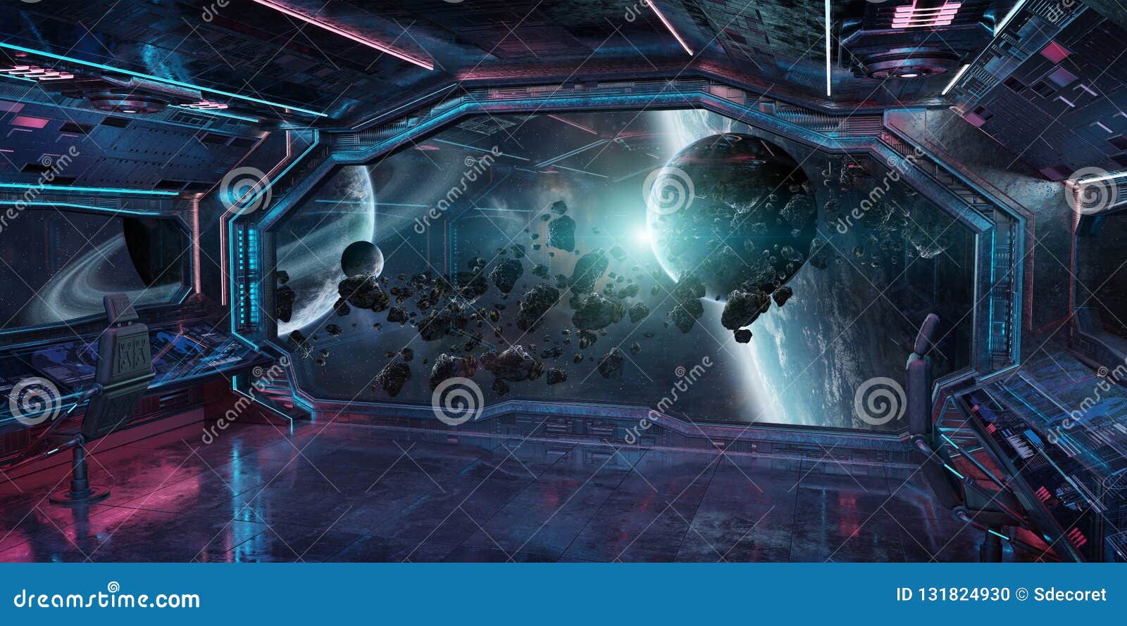 Grunge Spaceship Interior With View On Planet Earth 3d