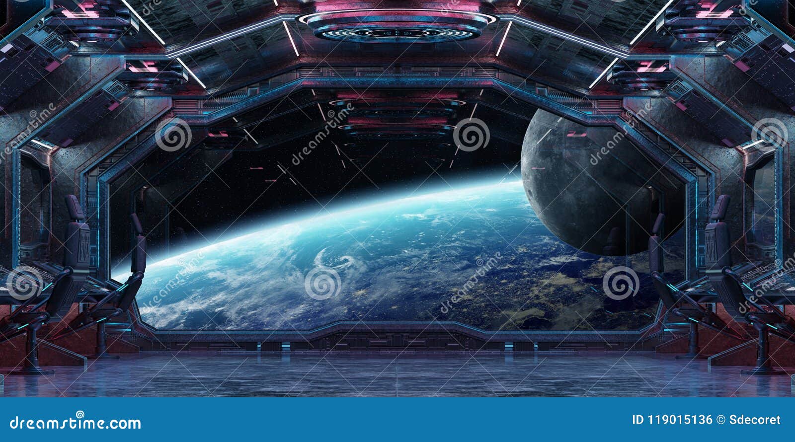 Grunge Spaceship Interior With View On Planet Earth 3d