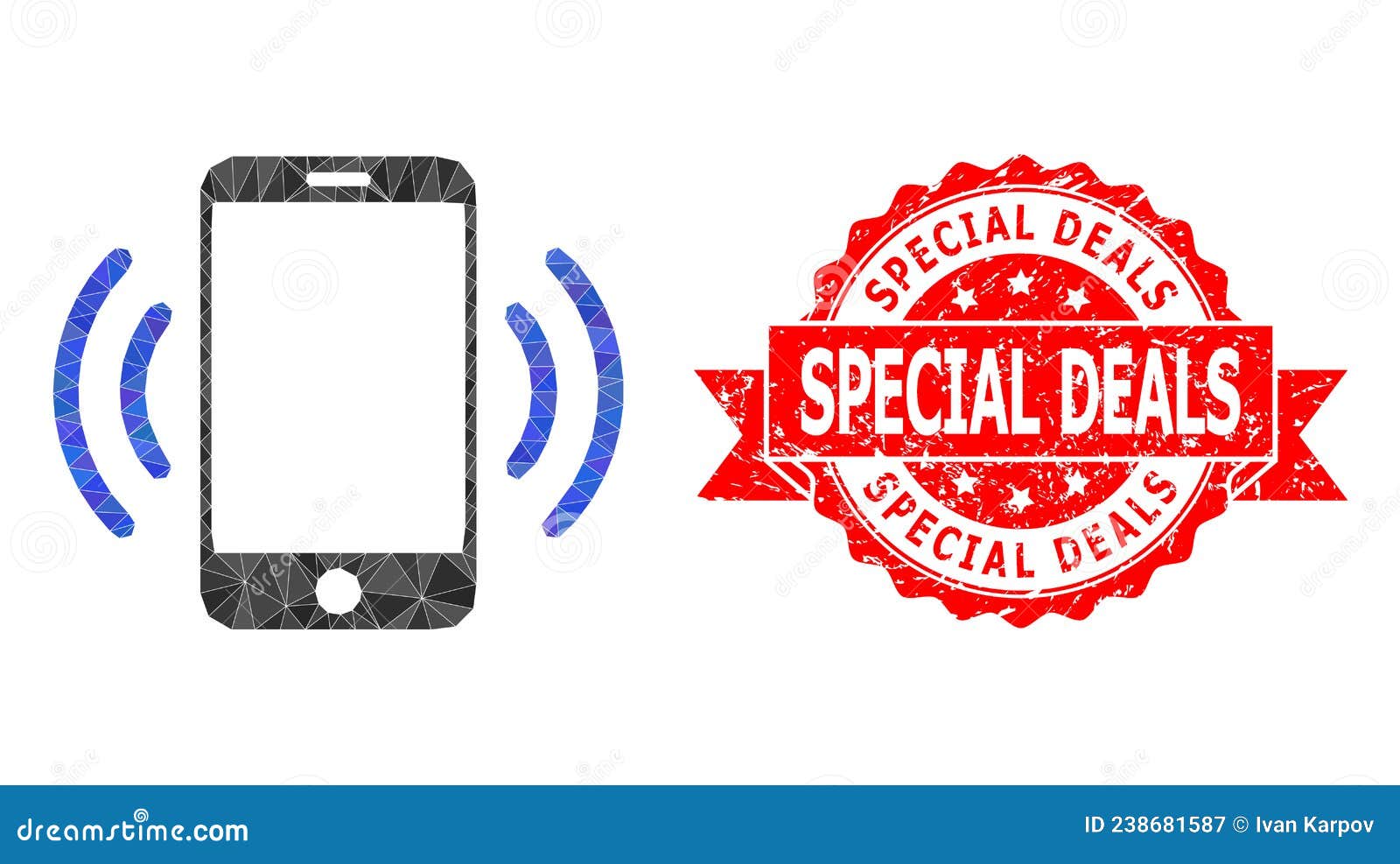 Grunge Special Deals Stamp and Cellphone Vibration Polygonal Mocaic Icon. Low-Poly triangulated cellphone vibration icon illustration, and Special Deals corroded stamp seal. Red stamp seal has Special Deals caption inside ribbon.