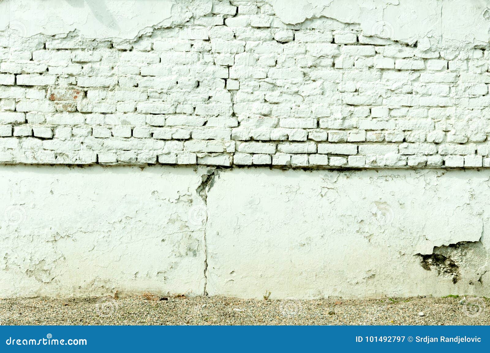 Grunge White Brick Wall with Crack Bad Foundation Base and Damaged Plaster. Stock Image Image