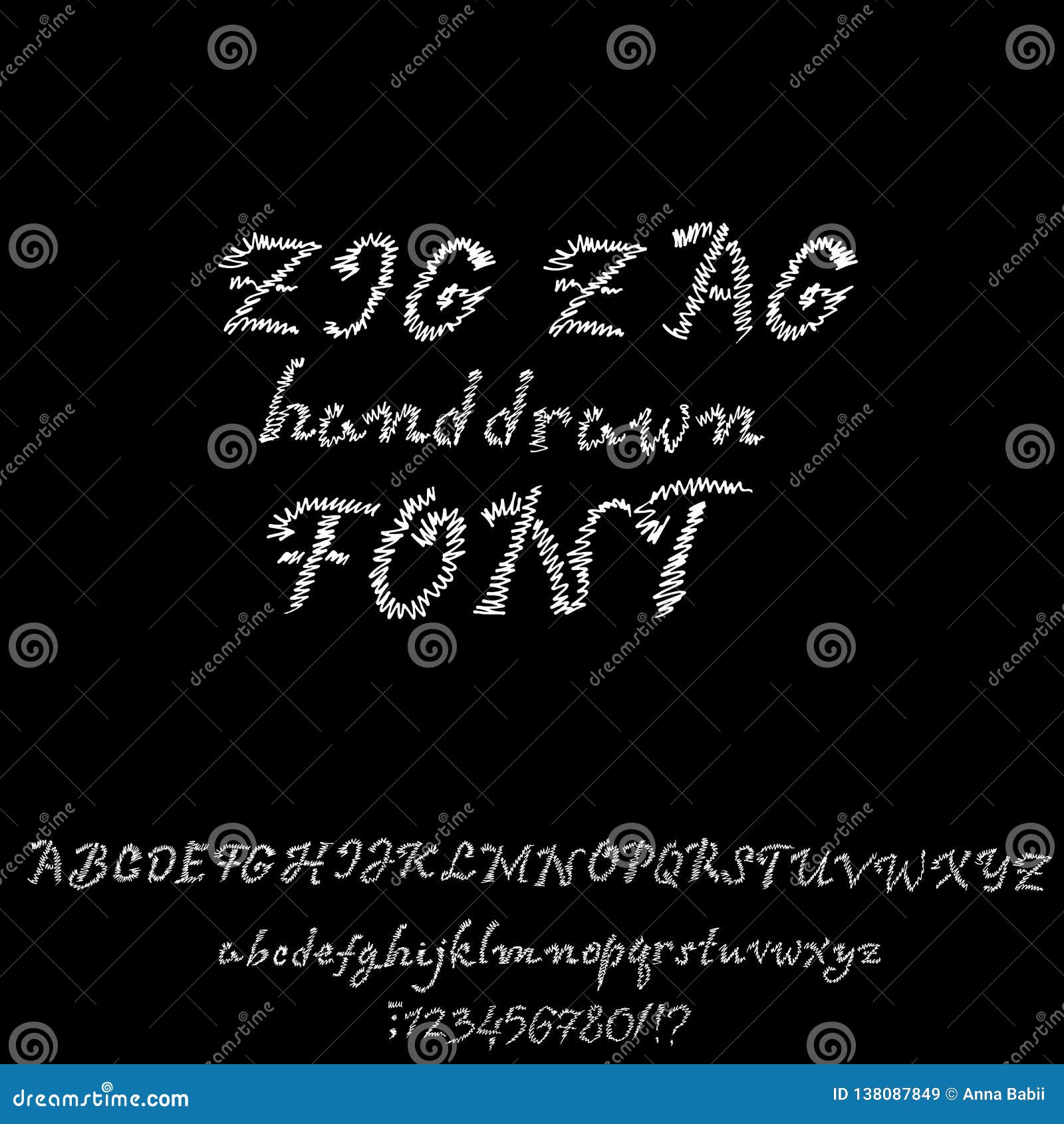 Grunge Zigzag Font. White Hand Drawn Script. Vector Illustration. Stock