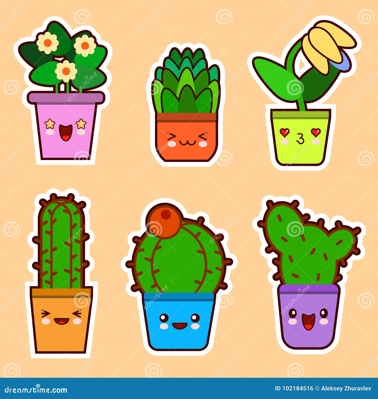 Grupo Bonito Do Kawaii Dos Desenhos Animados De Planta, De Plantas Carnudas  Do Cacto E De Flores Com Projeto Liso Das Caras Engra Ilustração Stock -  Ilustração de cactos, jogo: 102184516