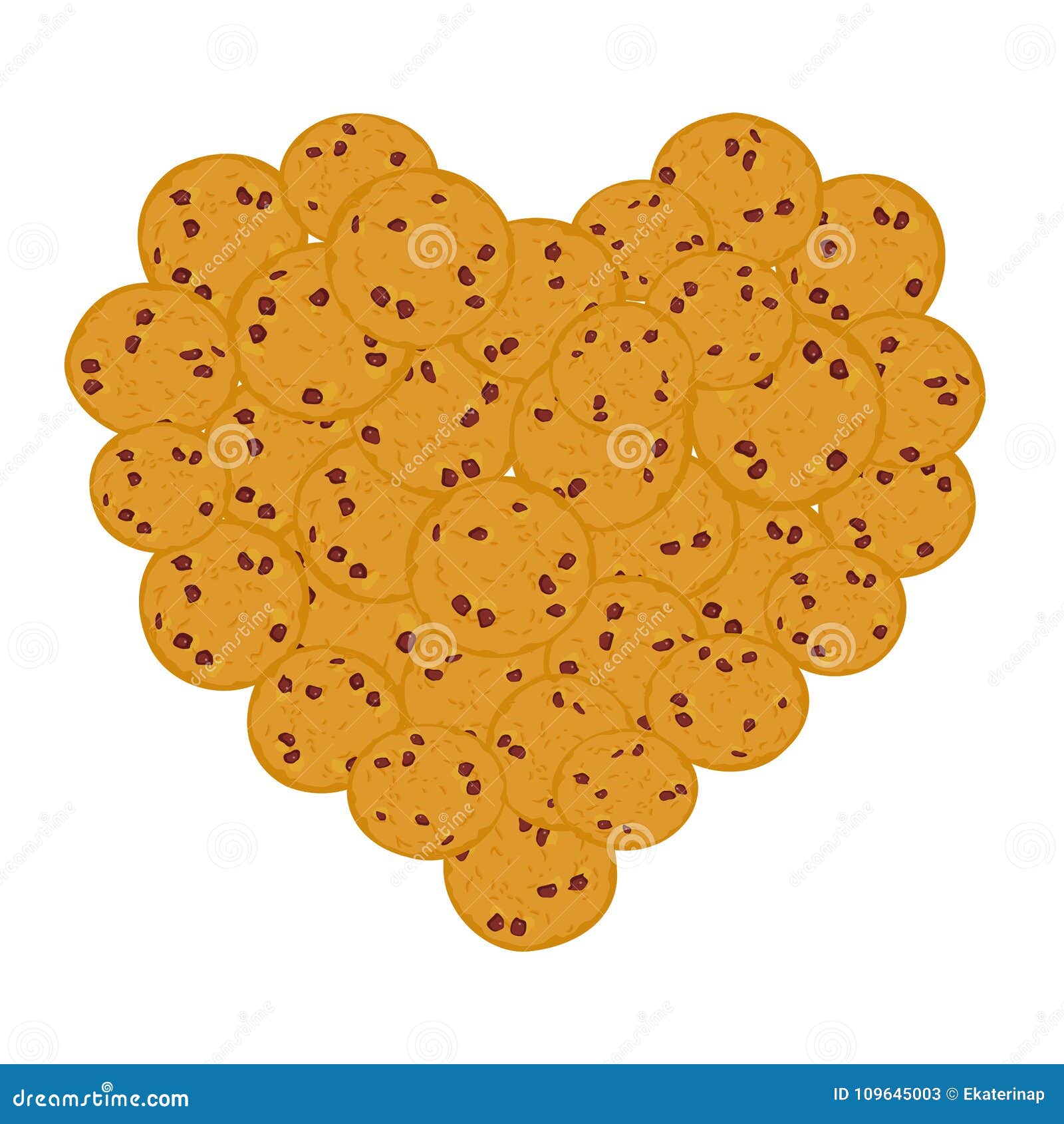 Grupo da cookie dos pedaços de chocolate do coração, cozido recentemente quatro cookies no fundo branco Cores brilhantes Ilustração do vetor