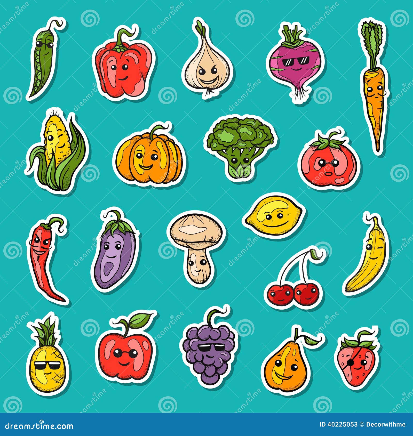 Frutas e legumes grupo desenho animado ilustração imagem vetorial