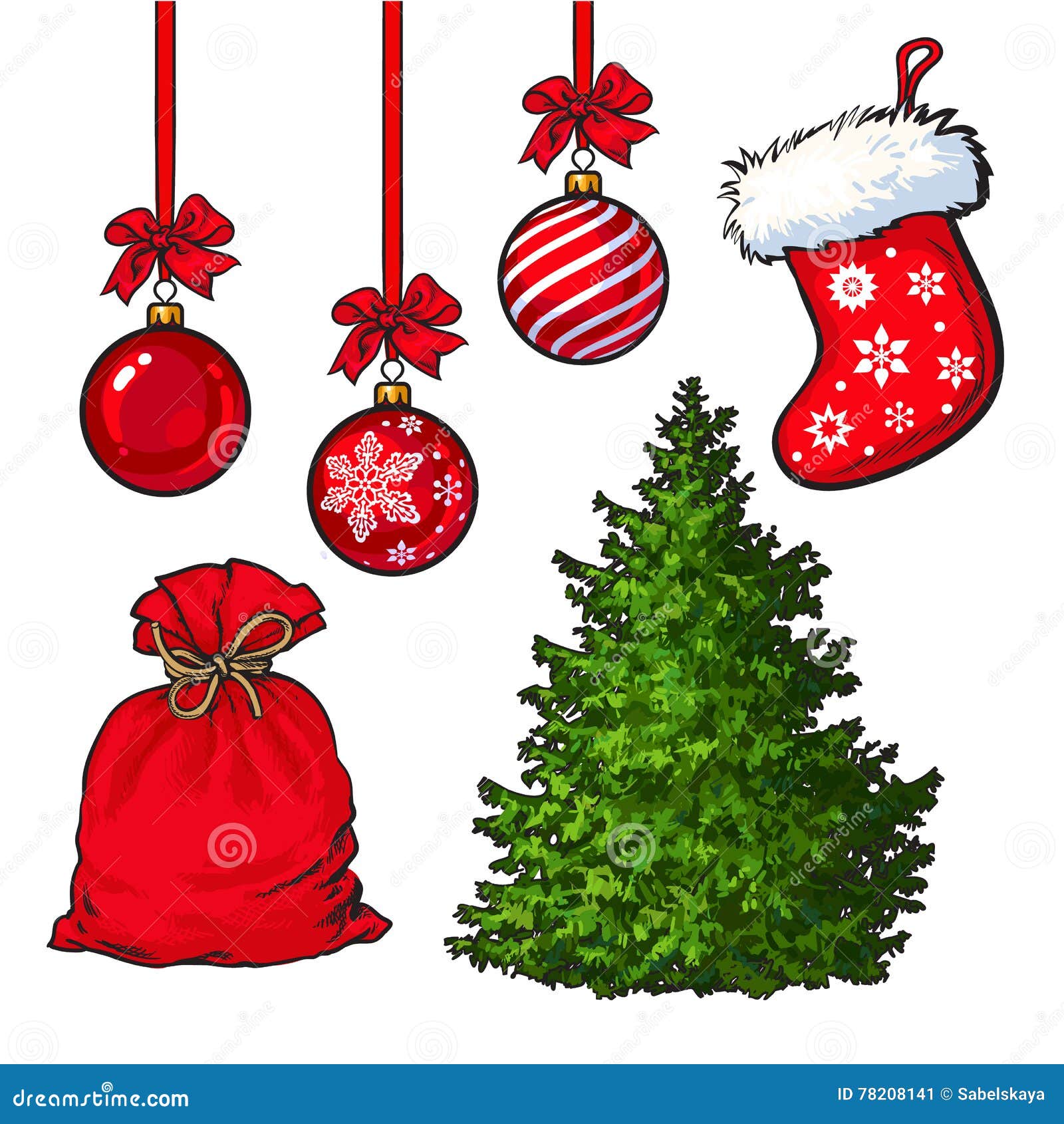 Grupo De árvore De Natal, De Bolas Vermelhas Da Decoração, De Bota E De  Saco Ilustração do Vetor - Ilustração de atributo, decorativo: 78208141