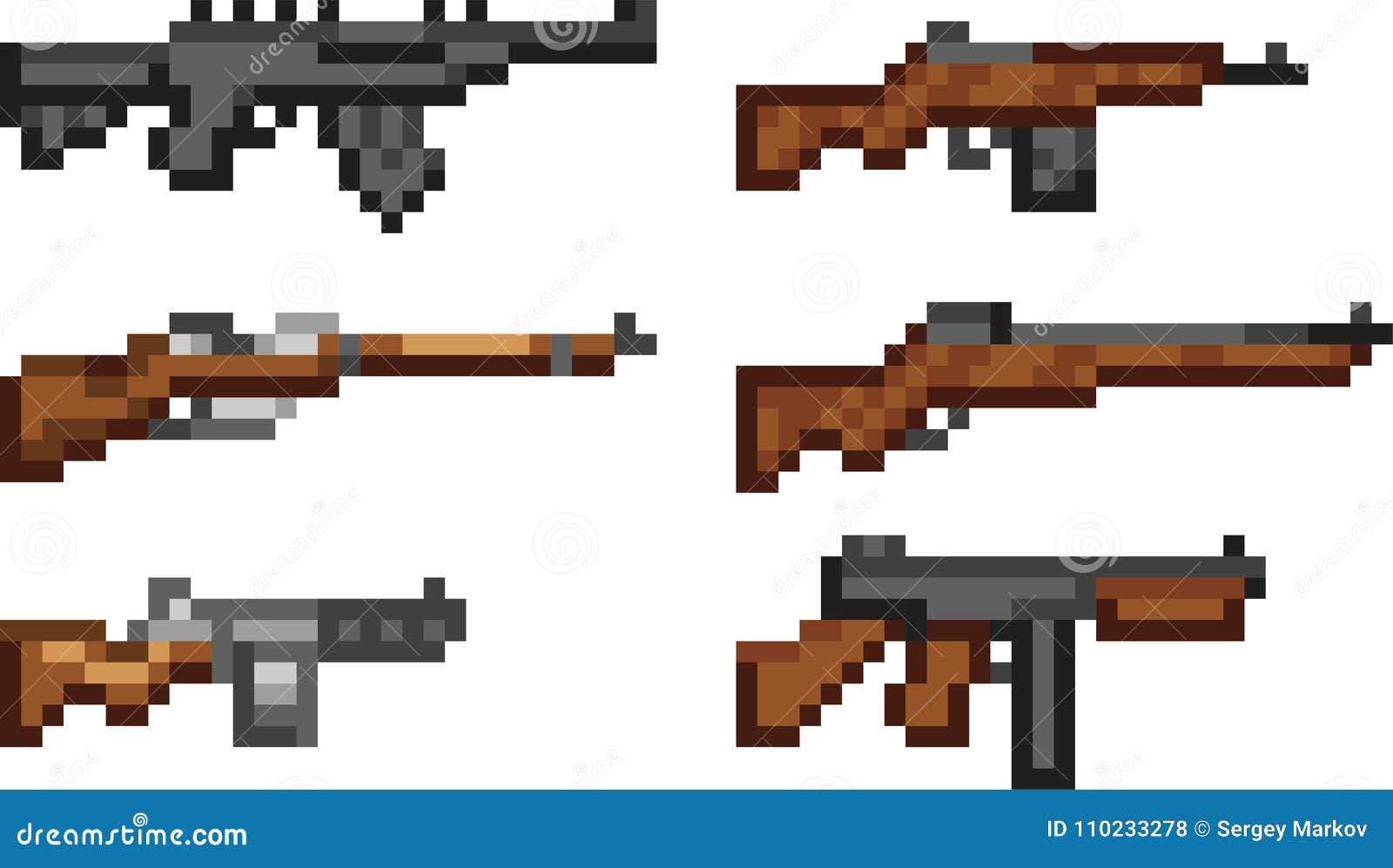 Pixel art rifle ak 47 ícone de vetor de arma de fogo para jogo de 8 bits em  fundo branco