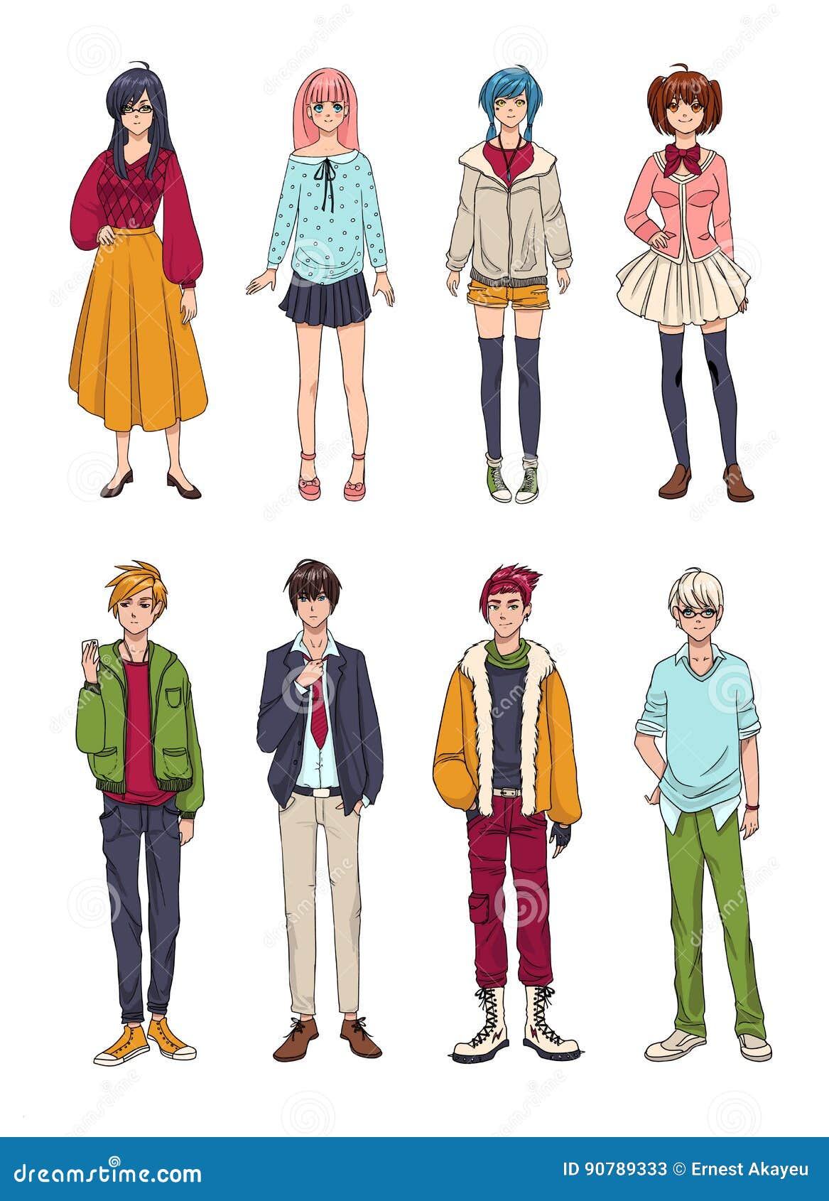 Grupo De Caráteres Bonitos Do Anime Meninas E Meninos Dos Desenhos Animados  Mão Colorida Coleção Tirada Da Ilustração Ilustração do Vetor - Ilustração  de cara, japonês: 90789333