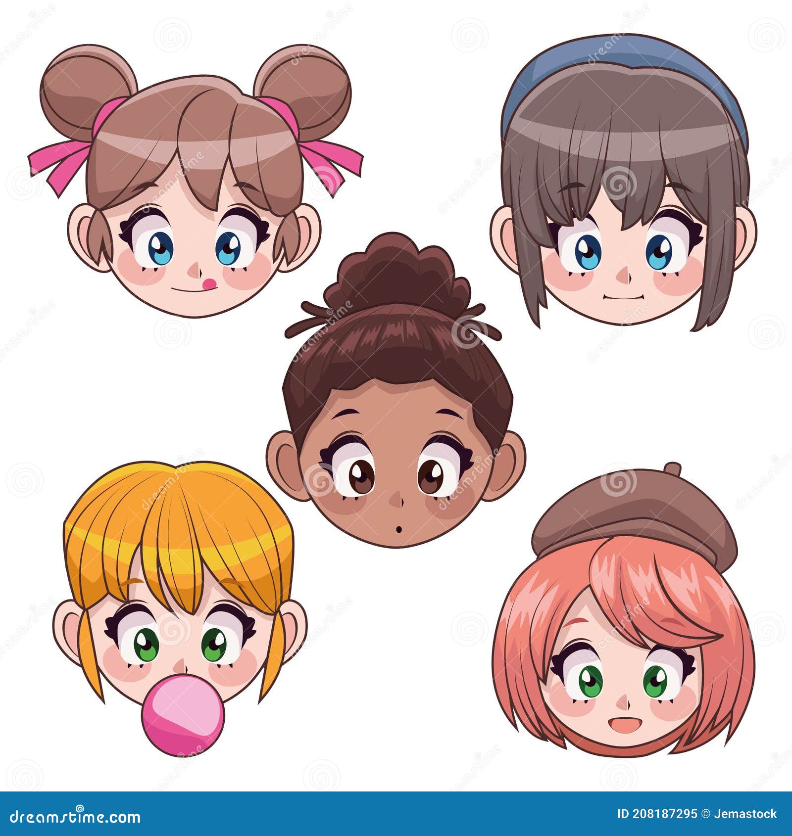 grupo de quatro lindos personagens inter-raciais de meninas de