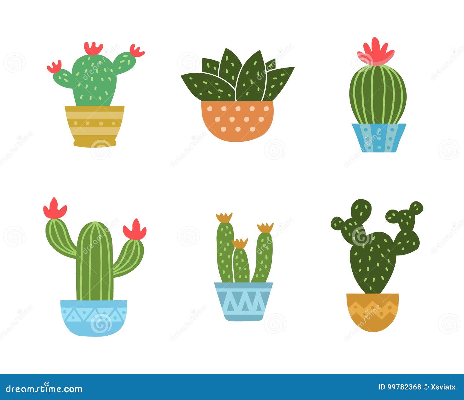 Conjunto de cactos em estilo simples de desenho animado isolado no