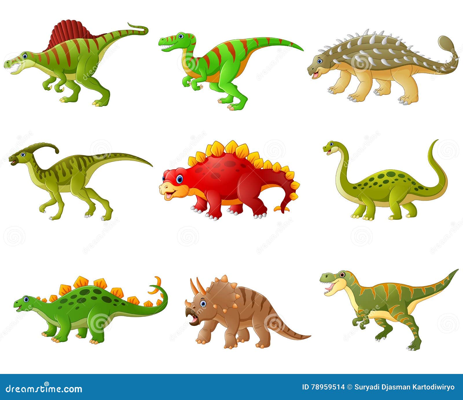 Coleção de dinossauros de desenhos animados de diferentes tipos.