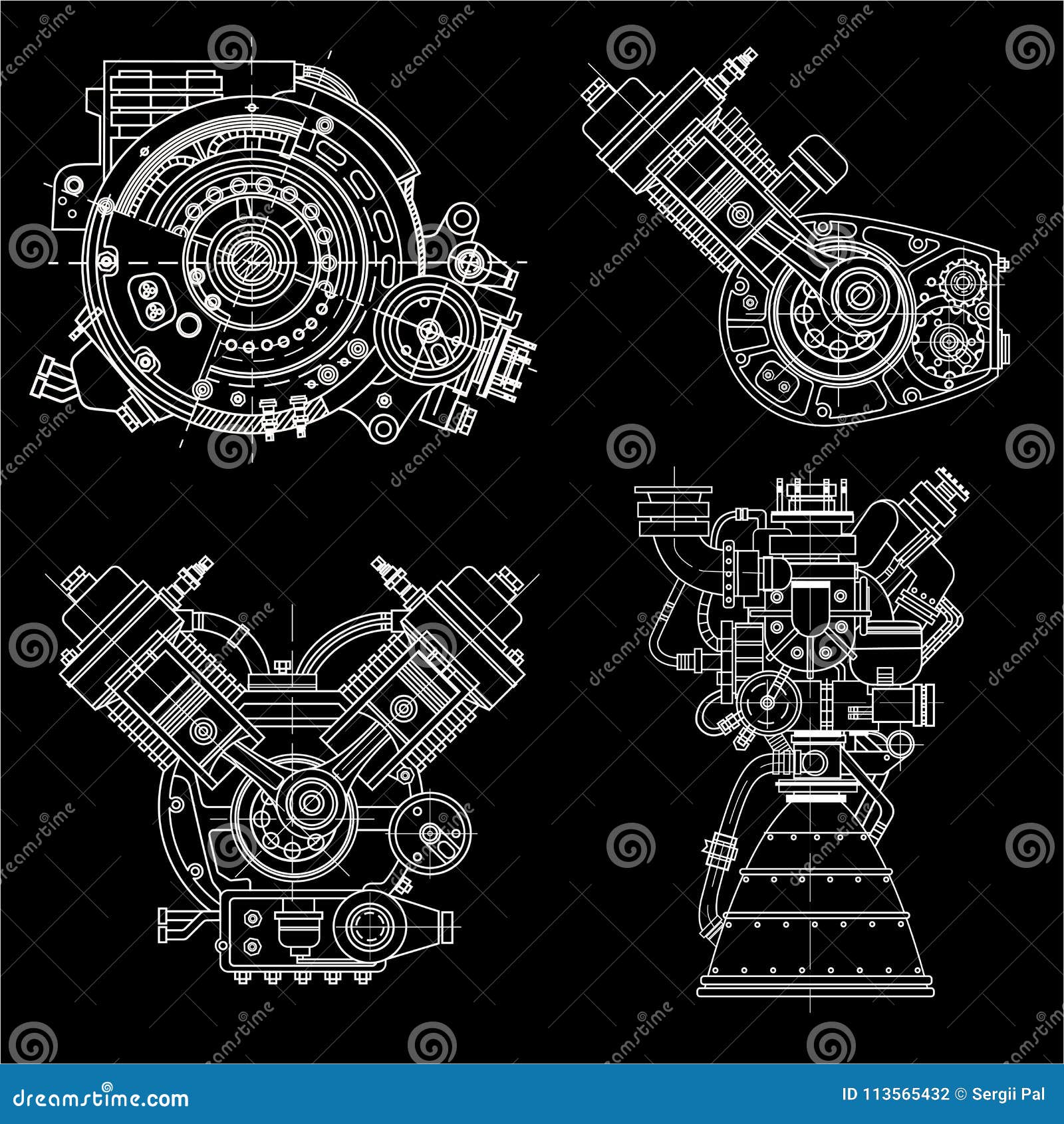 Desenho de um motor de combustão interna em um vetor de fundo branco