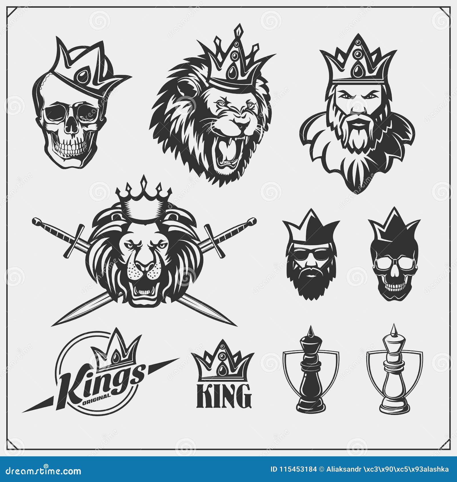 Grupo De Emblemas E De Etiquetas Da Xadrez Com Rei Farpado Em Uma Coroa E  Em Um Leão Ilustração do Vetor - Ilustração de bigode, desafio: 115453184
