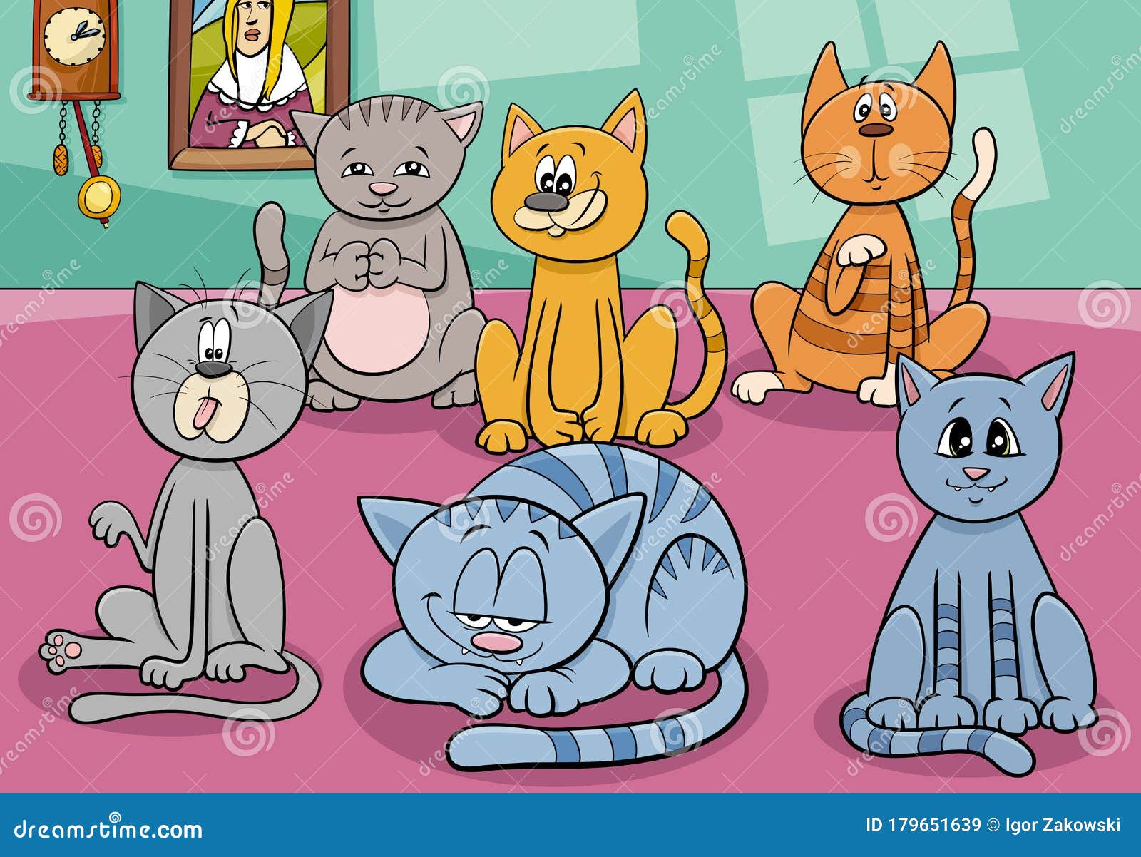 ilustração de desenho animado grupo gatos feliz - Stockphoto