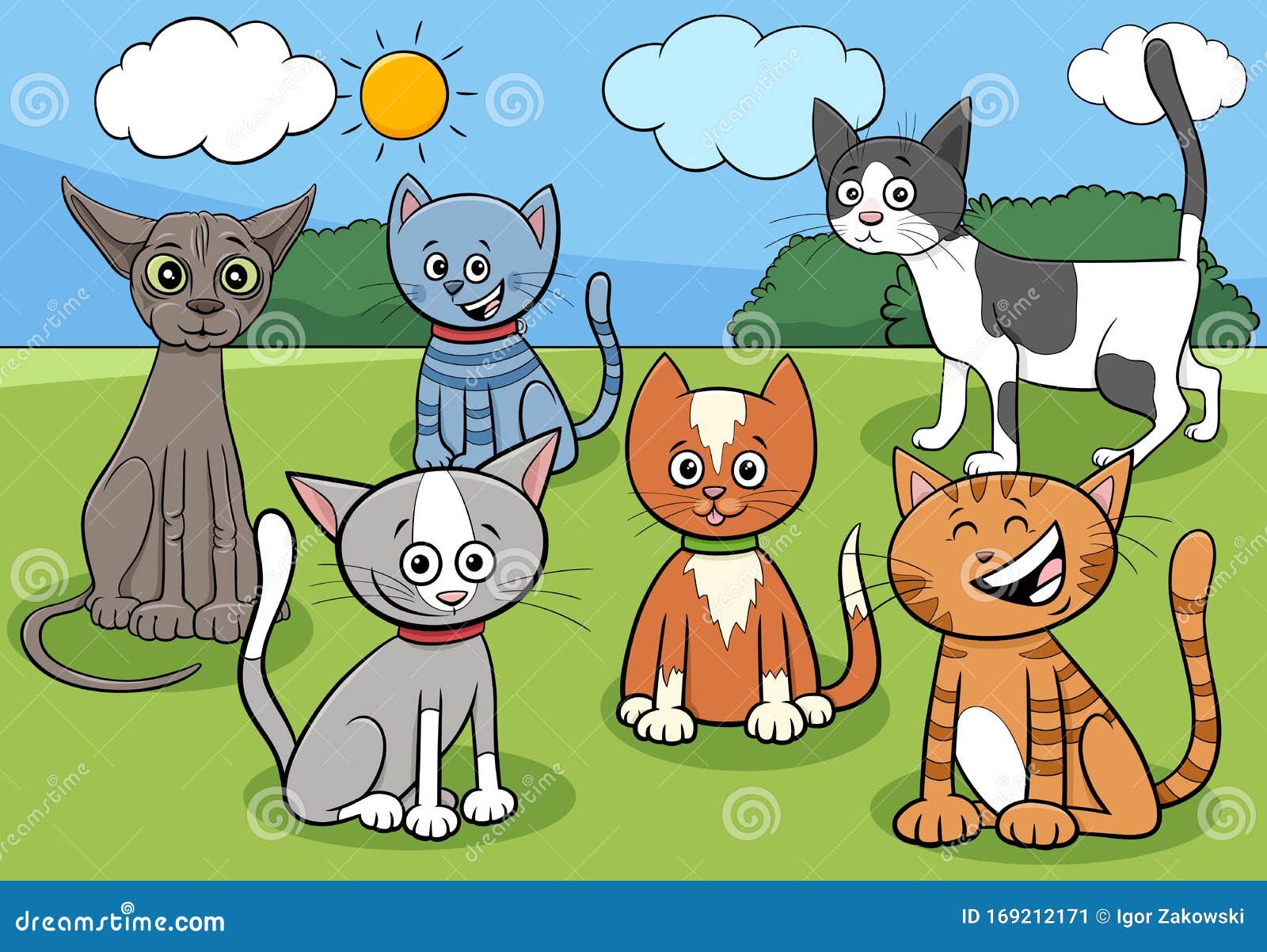 Grupo de gatos bonitos com cores diferentes do vetor dos desenhos animados  isolado caracteres