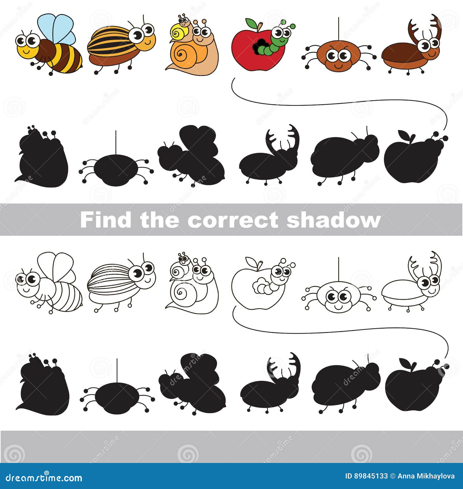 Encontre a sombra correta. jogo educativo para crianças. desenhos para  colorir insetos, nível de jogo simples para crianças em idade pré-escolar