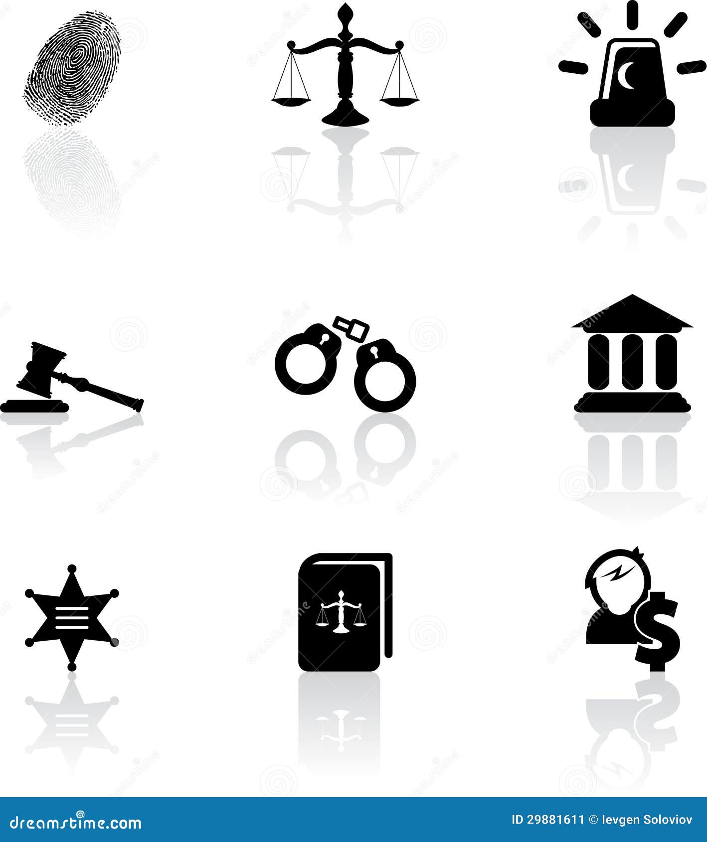 Ícones de justiça. Grupo de nove ícones pretos de justiça