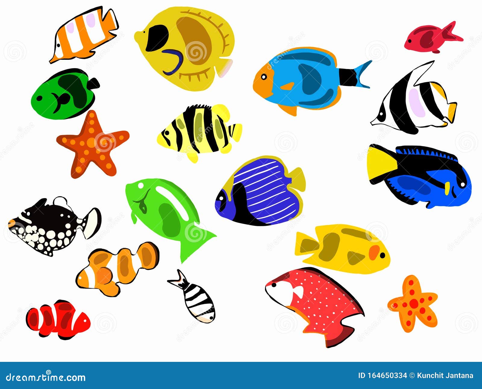 Grupo De Peces De Dibujos Animados Colección De Peces De Colores Vivos  Stock de ilustración - Ilustración de océano, grupo: 164650334