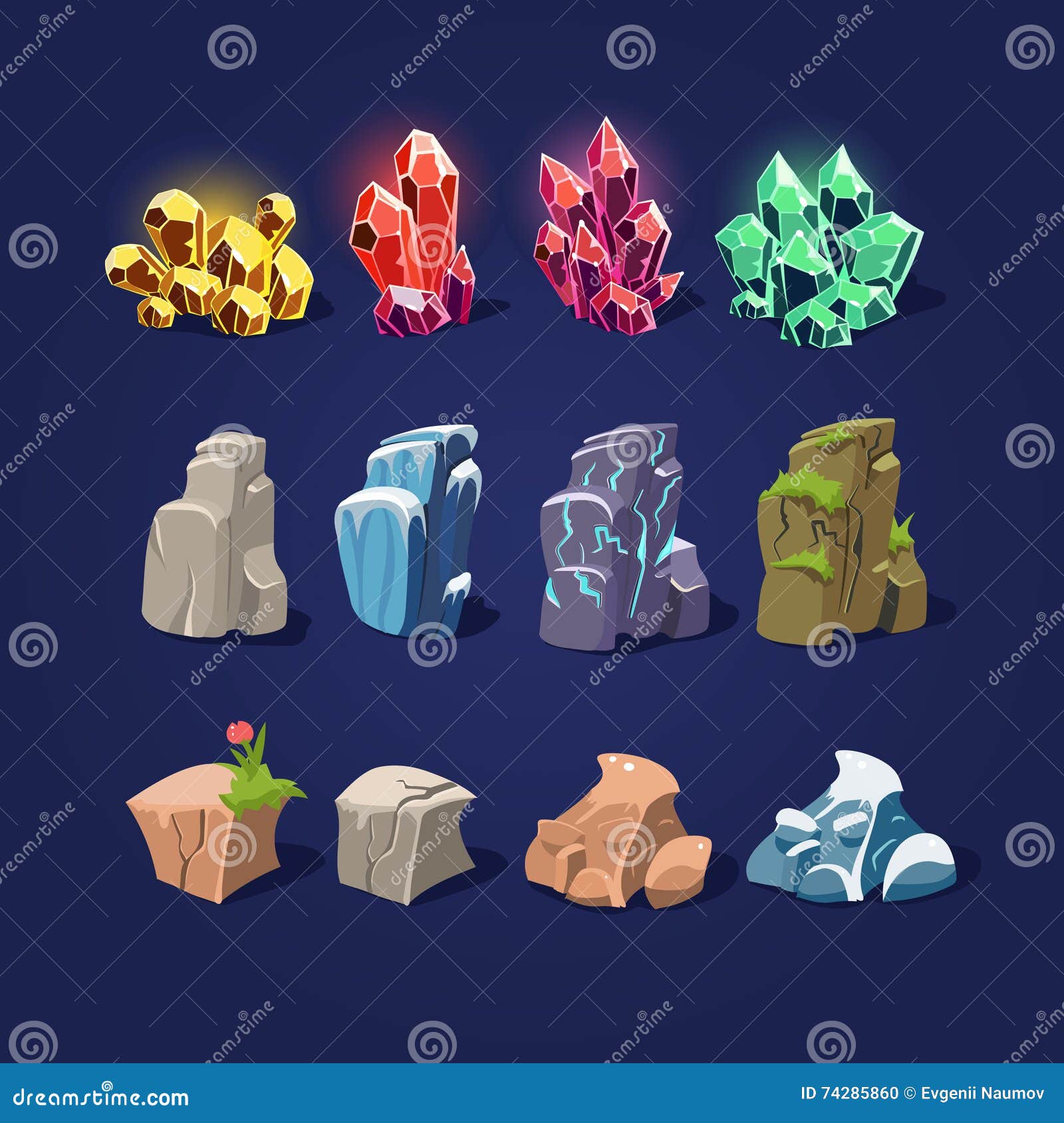Diferentes texturas de pedras preciosas para o jogo. ilustração dos  desenhos animados.