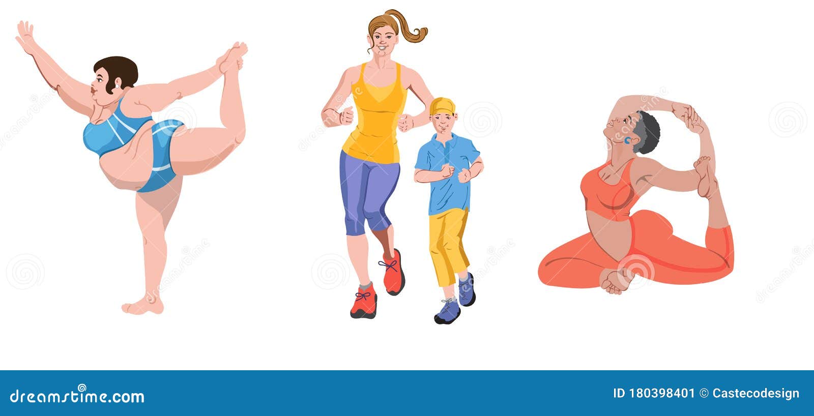 Grupo De Personas Haciendo Ejercicios. Mujer Gorda Haciendo Poses De Ballet  En Pantalones Cortos Madre Y Niño Trotando a Una Chica Ilustración del  Vector - Ilustración de sano, loto: 180398401