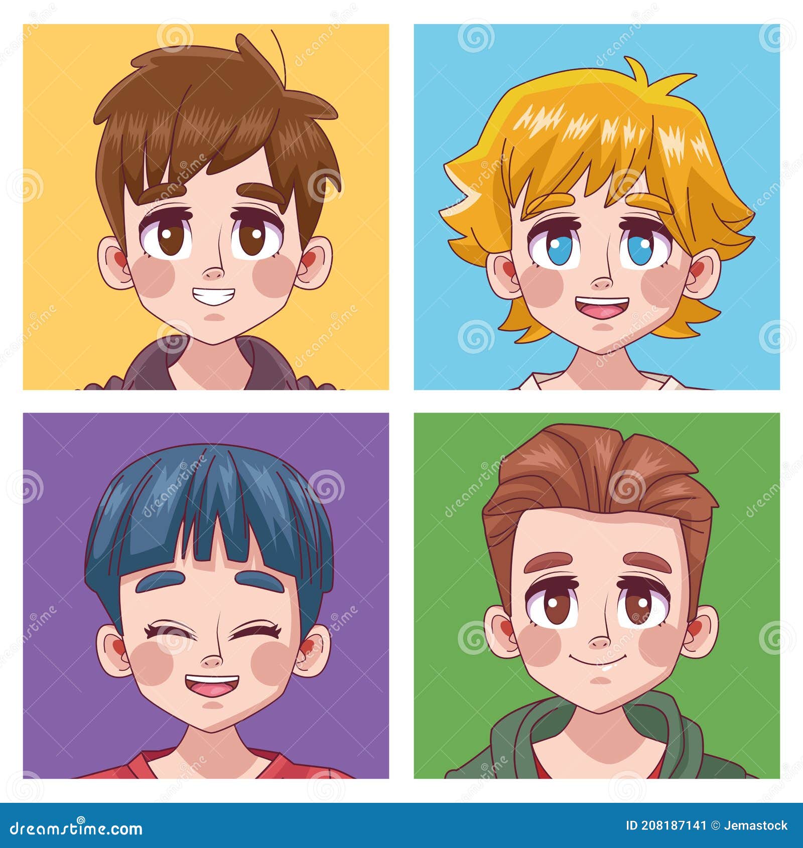 Grupo Do Anime Masculino Da Cara Ilustração do Vetor - Ilustração