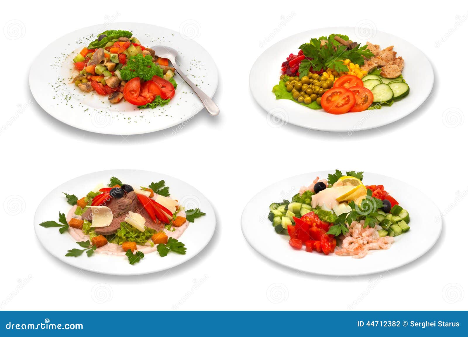 Grupo de saladas no fundo branco. Alimento saudável, grupo de saladas diferentes em placas, isolado no branco