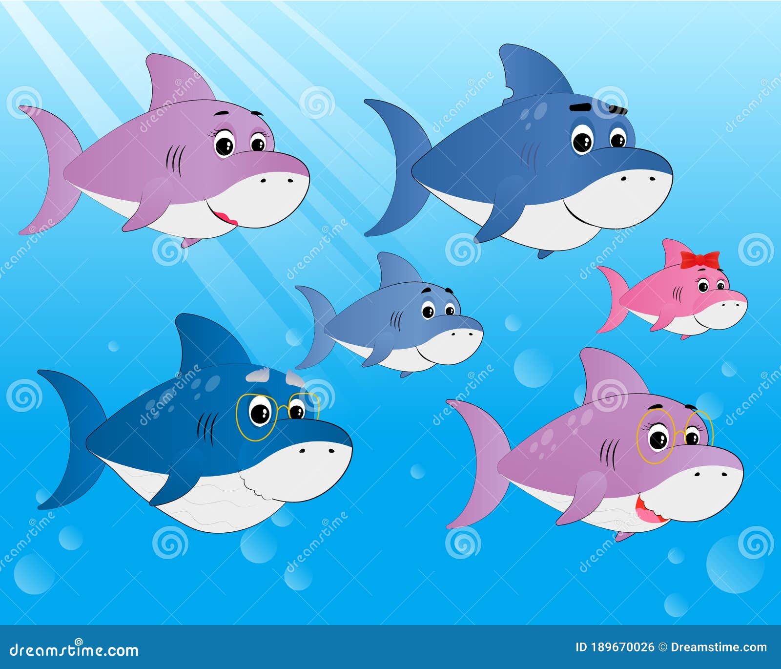 Grupo De Tiburones De Familia De Peces De Dibujos Animados Coloridos  Ilustración del Vector - Ilustración de bebé, vivero: 189670026