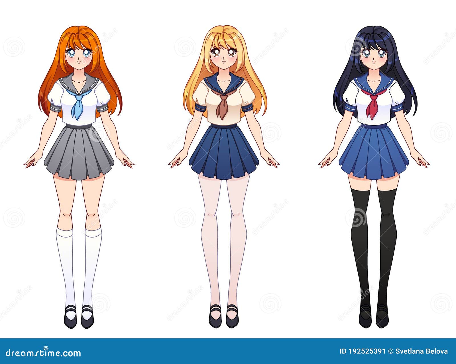Grupo De Tres Chicas De Anime. Chicas Lindas Con Ojos Grandes Ilustración  del Vector - Ilustración de estilo, encantador: 192525391