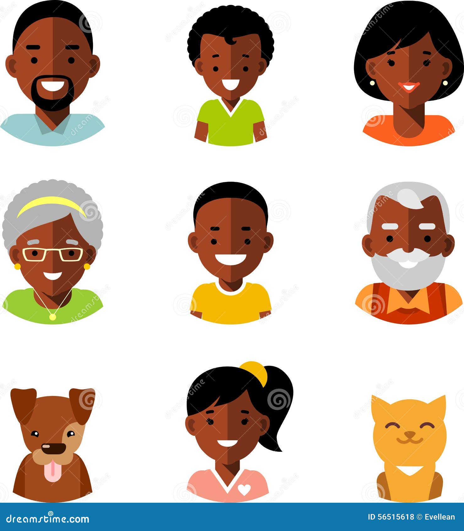 Grupo de ícones étnicos afro-americanos dos avatars dos membros da família no estilo liso. Família feliz de ícones étnicos afro-americanos dos avatars dos povos e dois animais de estimação no fundo branco