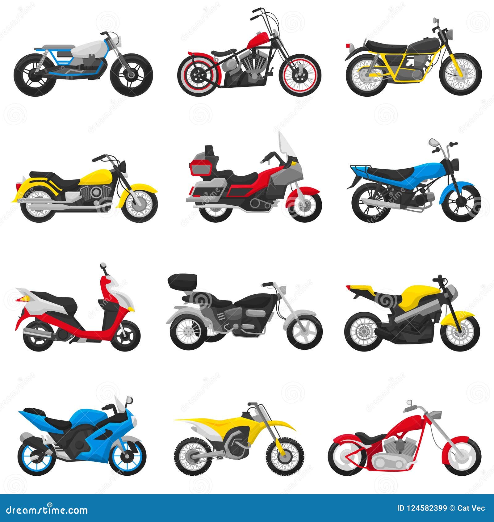 Conjunto de vários itens planos de motos. motos de desenho animado,  motocicletas, scooters e coleção de ilustração vetorial isolado de  bicicletas. conceito de transporte e entrega