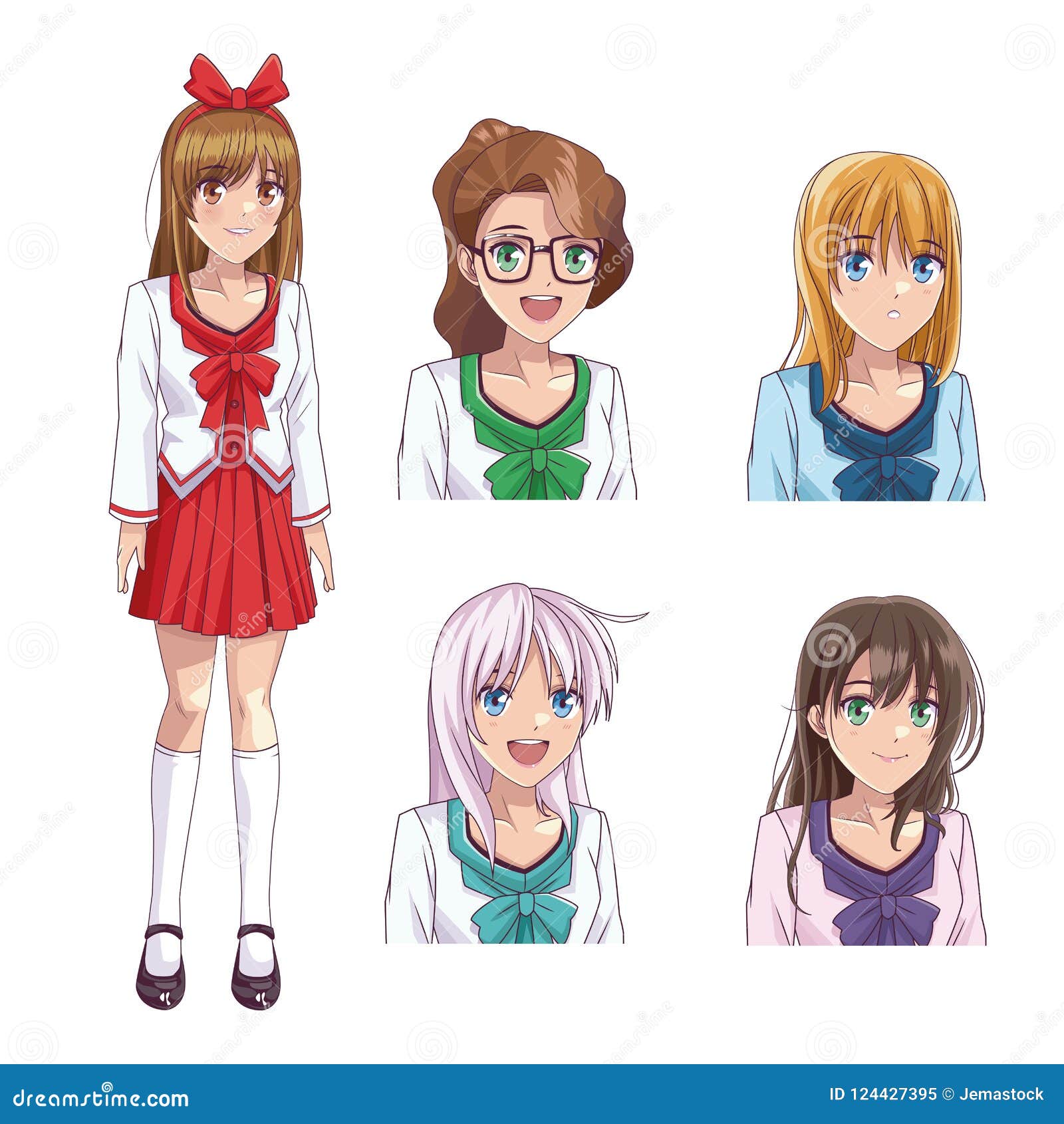 Grupo Do Perfil Das Jovens Mulheres Do Anime Ilustração do Vetor