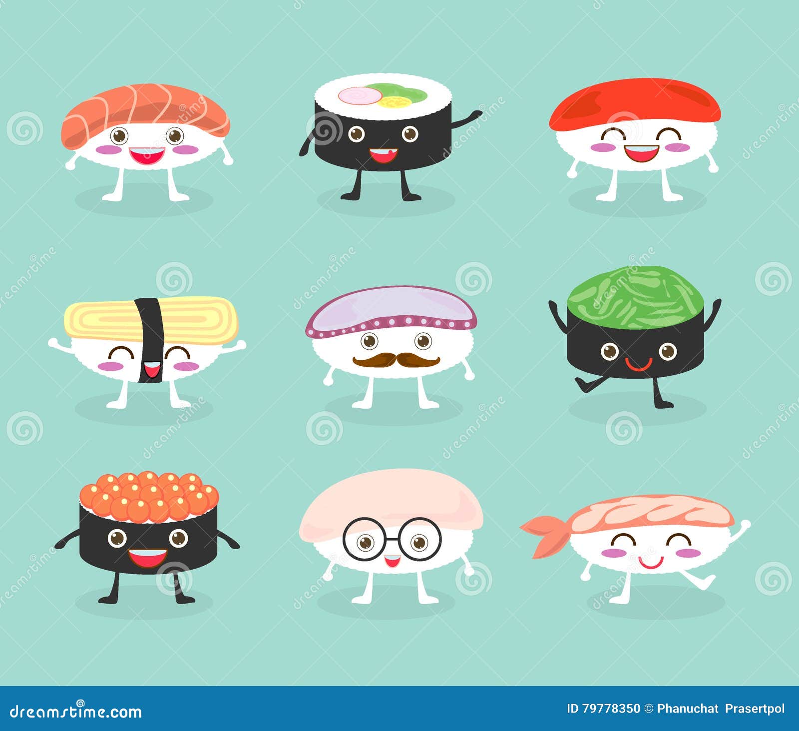 personagens de sushi felizes fofos engraçados. ícone de personagem