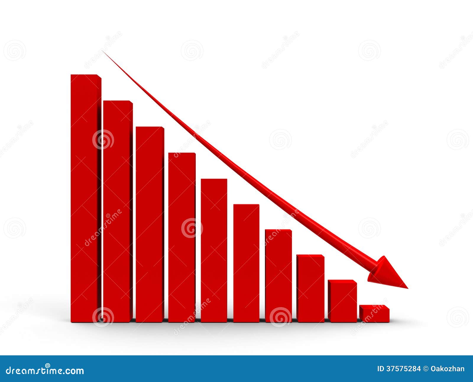 Gráfico de negócio para baixo. Gráfico de negócio vermelho com seta vermelha para baixo, rendição tridimensional