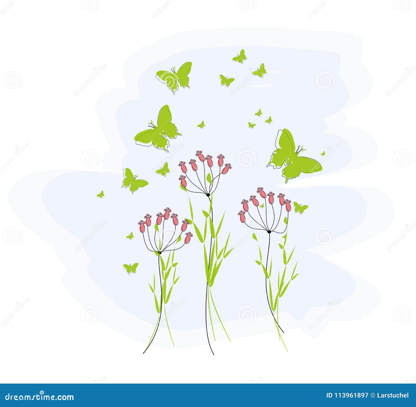 Grüne Schmetterlinge für Grußkarten. Grüne Schmetterlinge mit purpurroten Blumen und Gräsern für Grußkarten und andere Art Karten