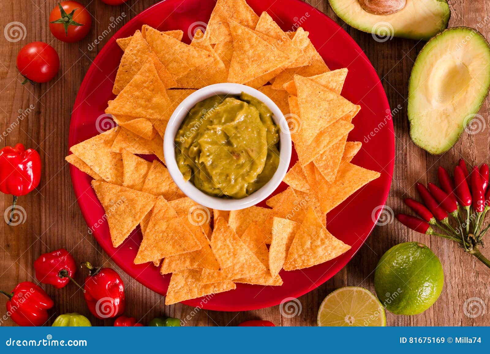 Guacamole and nacho chips. stock image. Image of lemon 81675169