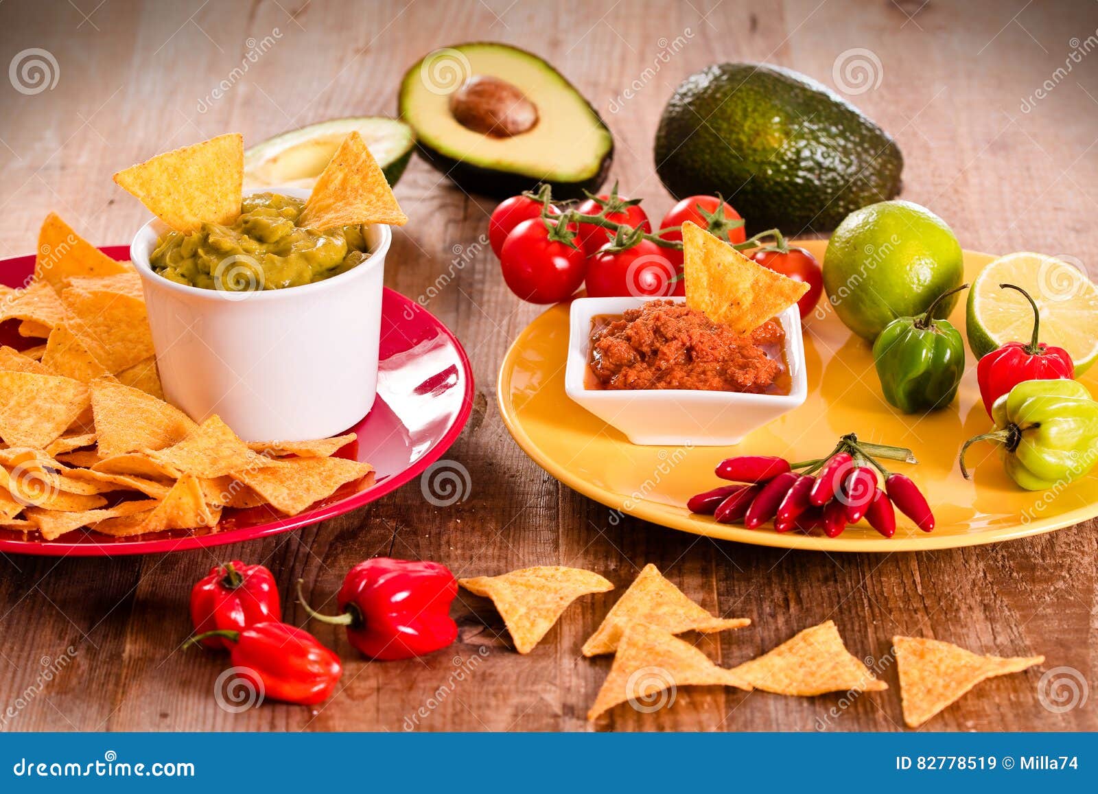 Guacamole and nacho chips. stock image. Image of chili 82778519