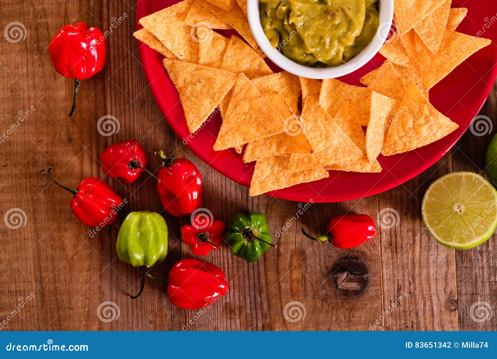 Guacamole and nacho chips. stock photo. Image of green 83651342