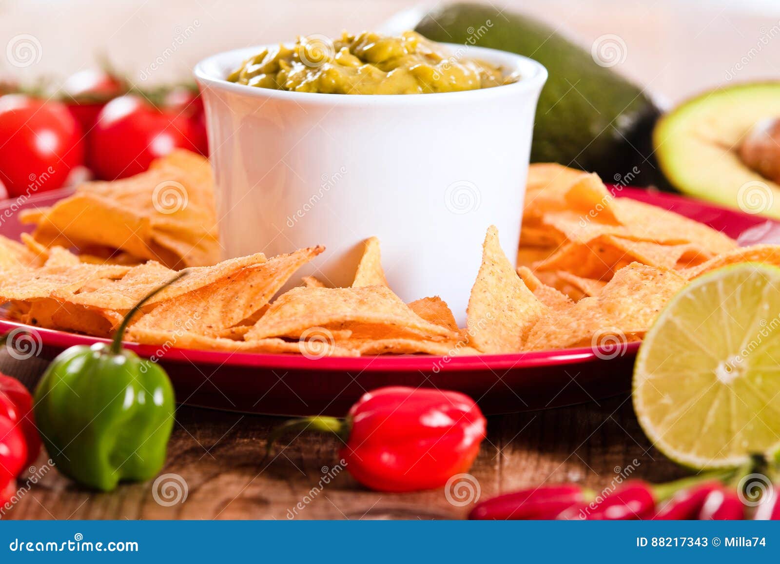 Guacamole and nacho chips. stock image. Image of appetizer 88217343