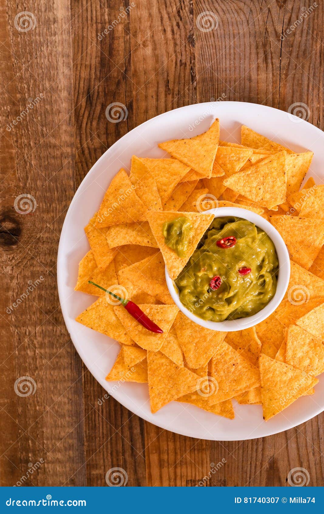 Guacamole and nacho chips. stock image. Image of green 81740307