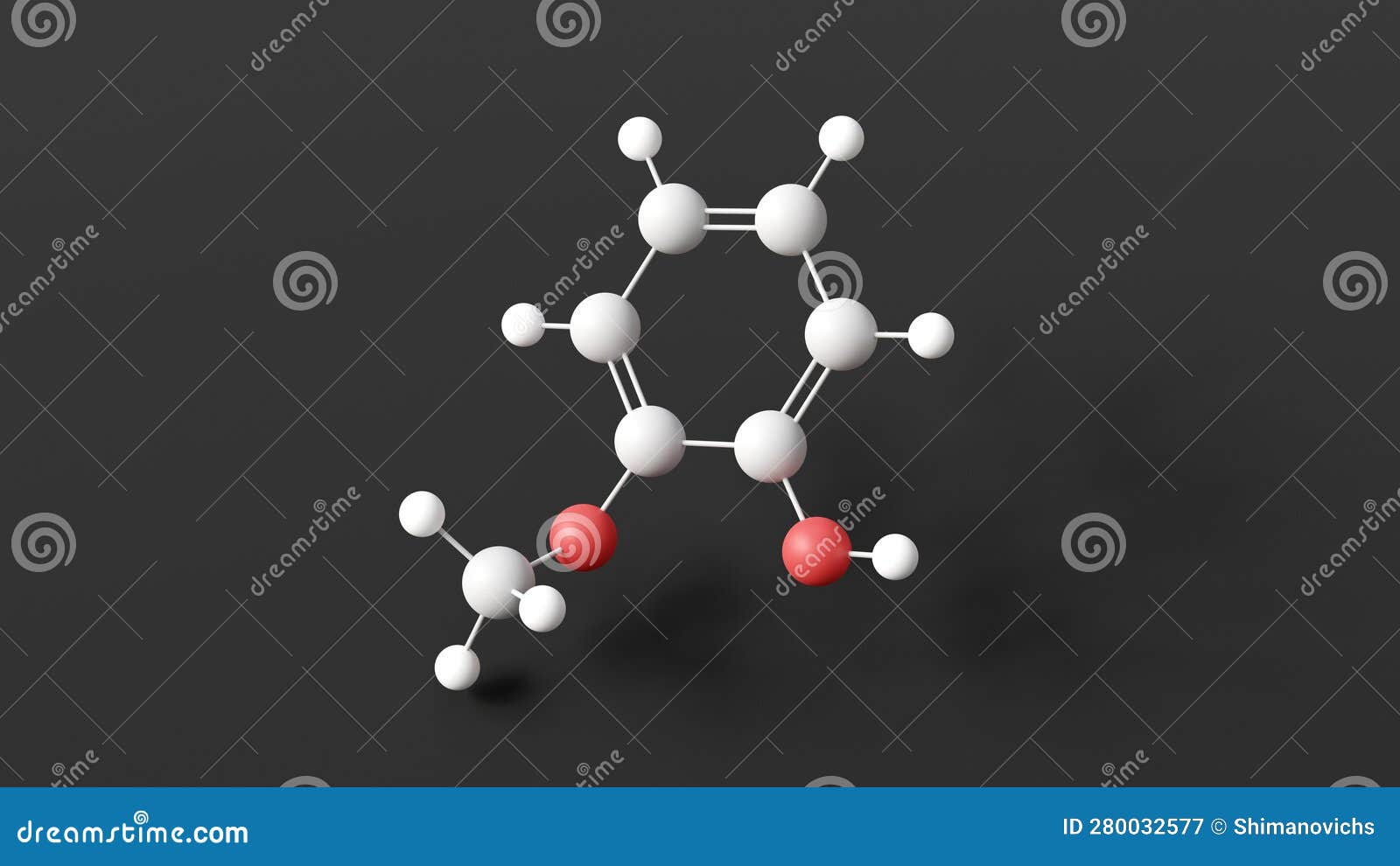 guaiacol molecule, molecular structure, phenolic compound, ball and stick 3d model, structural chemical formula with colored atoms