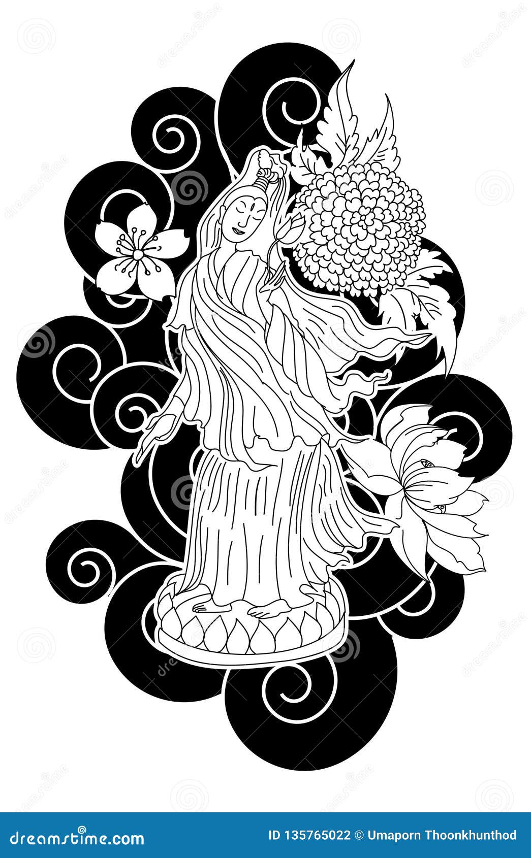 Guan Yin Women God Of Buddhism With Cherry Blossom Design For Traditional Tattoo Stock Vector Illustration Of Fruit Gold