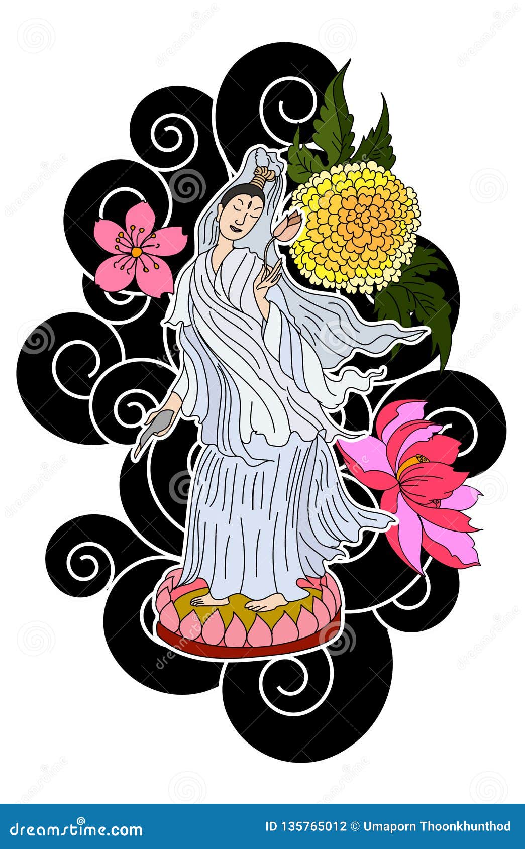 Guan Yin Women God Of Buddhism With Cherry Blossom Design For Traditional Tattoo Stock Vector Illustration Of Brossom Cherry