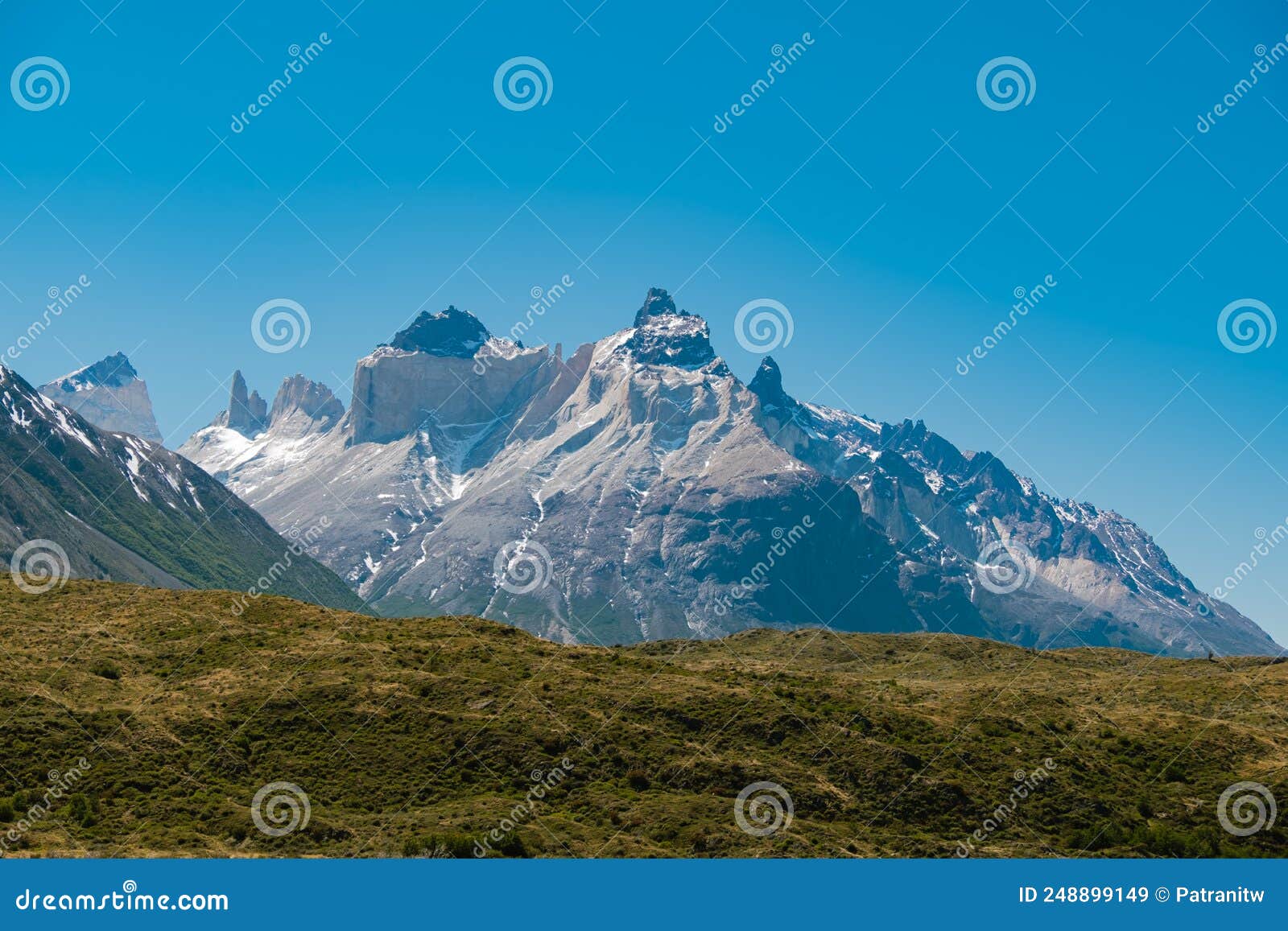 guernos mountains with clear blue sky, torres del paine national park  in chile