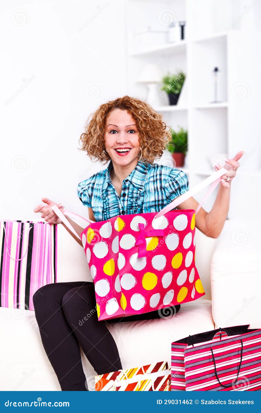 Guess what I bought! stock photo. Image of room, girl 29031462