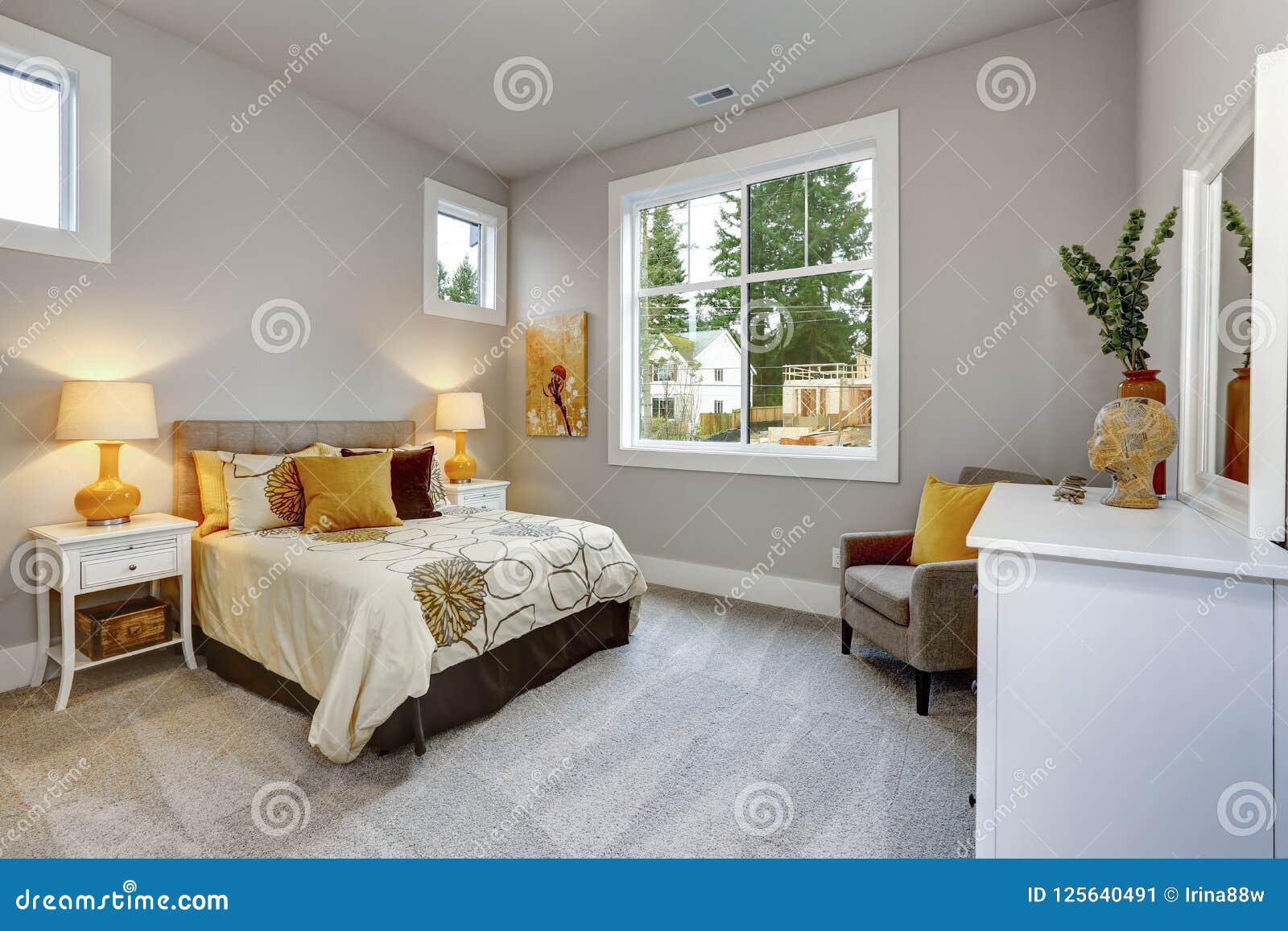 Guest Modern Bedroom Interior With Grey Walls And Orange