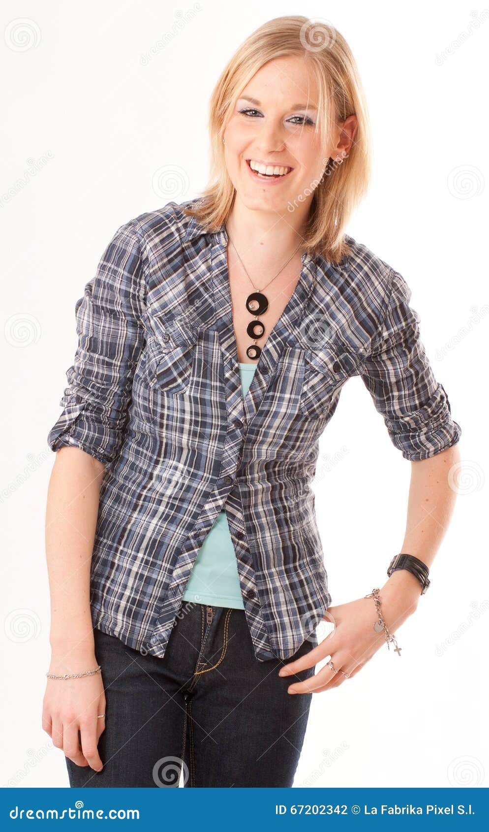 Guffawing casual blonde stock photo. Image of jeans, checked - 67202342