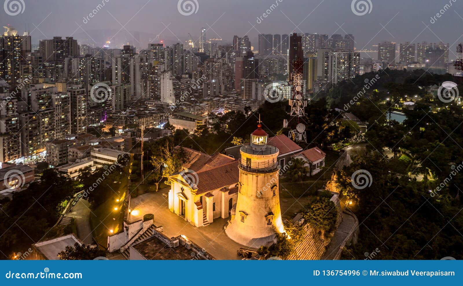 guia lighthouse, fortress and chapel, aerial view at night, macau