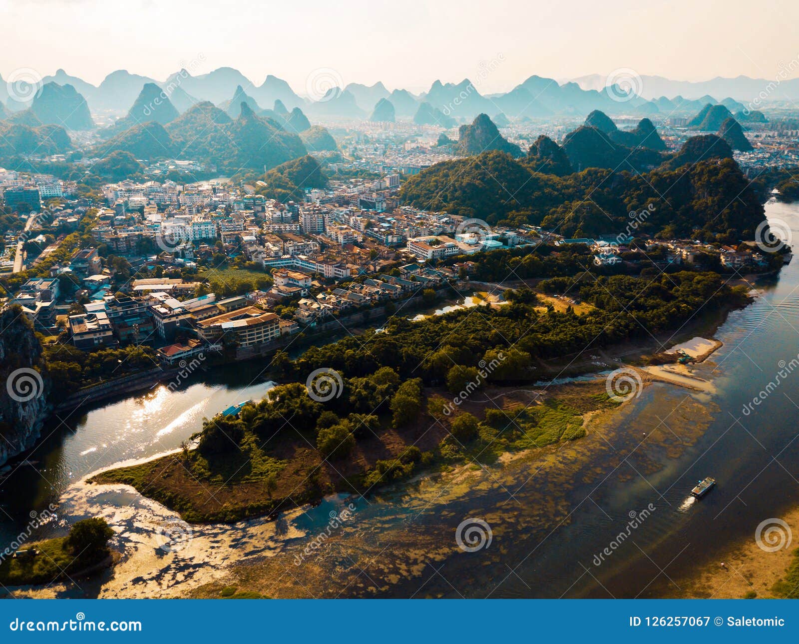 guilin aerial view with li river and rock formations in china