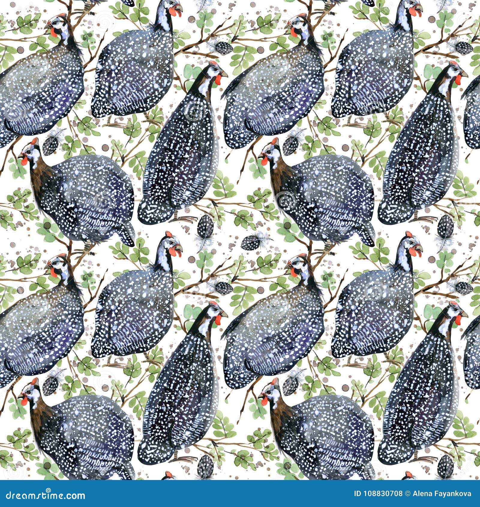 guinea fowl. wild bird watercolor seamless pattern.